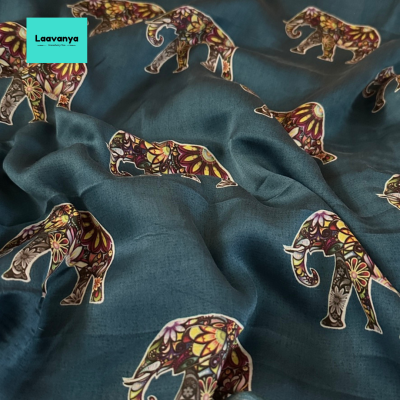 Imperial Blue Modal Silk with Traditional Elephant Print