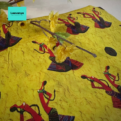 Lemon Yellow Modal Silk with Tribal Dancing Women Design