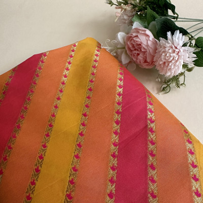 Banarasi Brocade with Striped Pattern and weaved floral butas