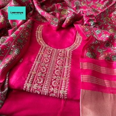 Fuschia Pink Pure Muslin 3Piece Suit with Printed Dupatta