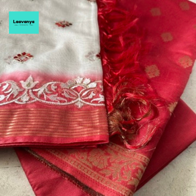 Crimson Red Banarasi Chanderi 3Piece suit with Embroidered Dupatta