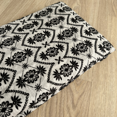 White Cotton Mul with Intricate Black Thread Embroidery