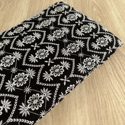 Black Cotton Mul with Intricate White Thread Embroidery