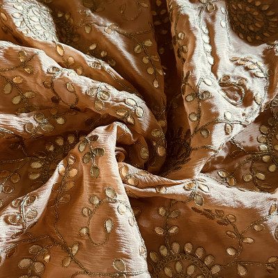 Shop Creamy Peach Chinon with Floral Jaal Gota Patti Fabric Online: A Delicate Touch of Elegance