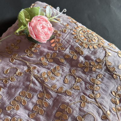 Shop Gorgeous Lavender Chinon with Floral Jaal Gota Patti Work Fabric online