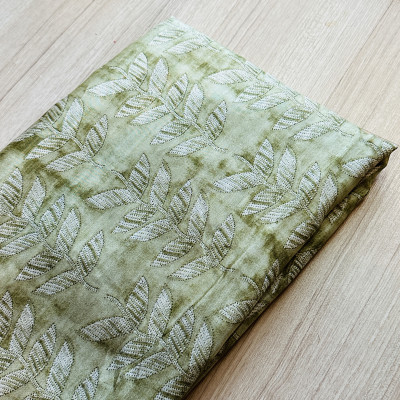 Olive Green Shaded with Leaf Print Muslin