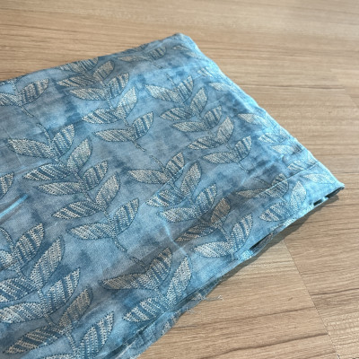 Arctic Blue Shaded with Leaf Print Muslin
