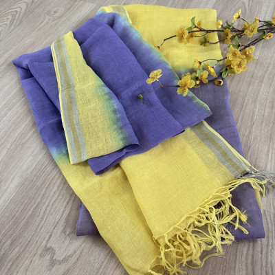 Yellow and Purple Pure Linen Tie and Dye 2 Piece Set